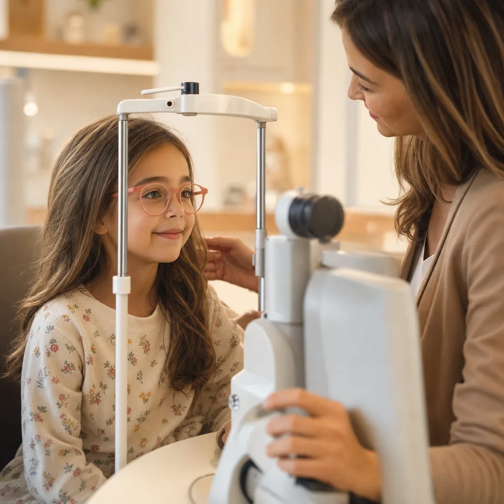 Kind beim Sehtest mit Optikerin